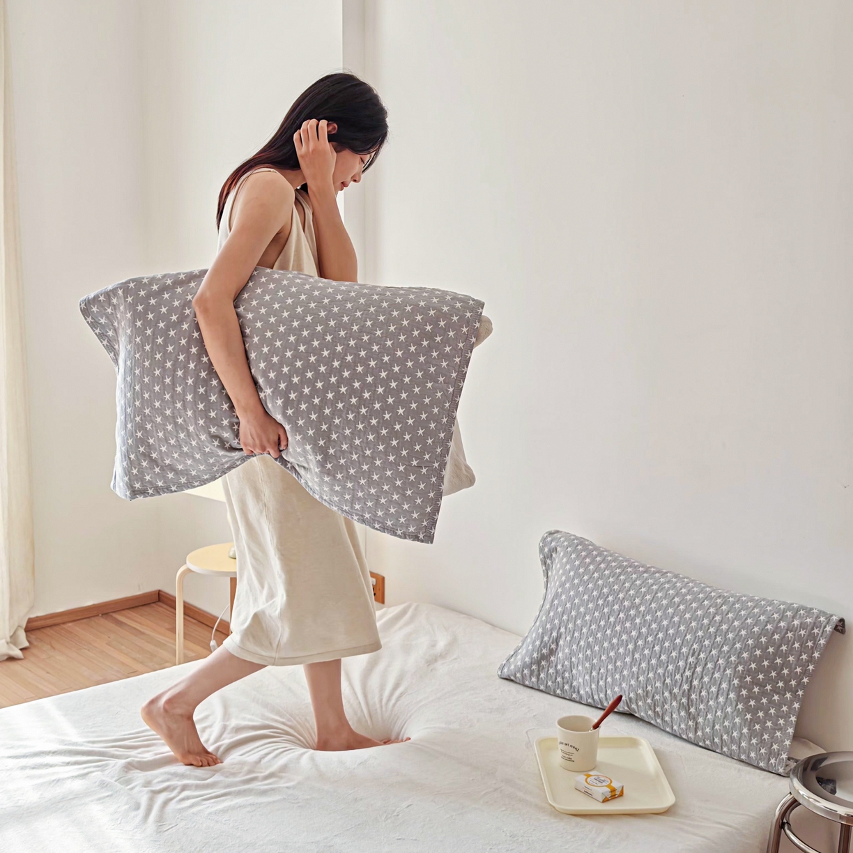 91家纺网 家纺一手货源 找家纺 沐瑟家纺 2026新款卡通小清新枕巾 星星 灰色