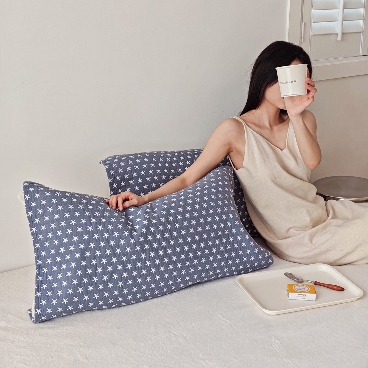 91家纺网 家纺一手货源 找家纺 沐瑟家纺 2026新款卡通小清新枕巾 星星 蓝色