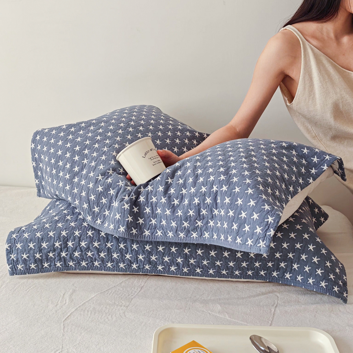 91家纺网 家纺一手货源 找家纺 沐瑟家纺 2026新款卡通小清新枕巾 星星 蓝色