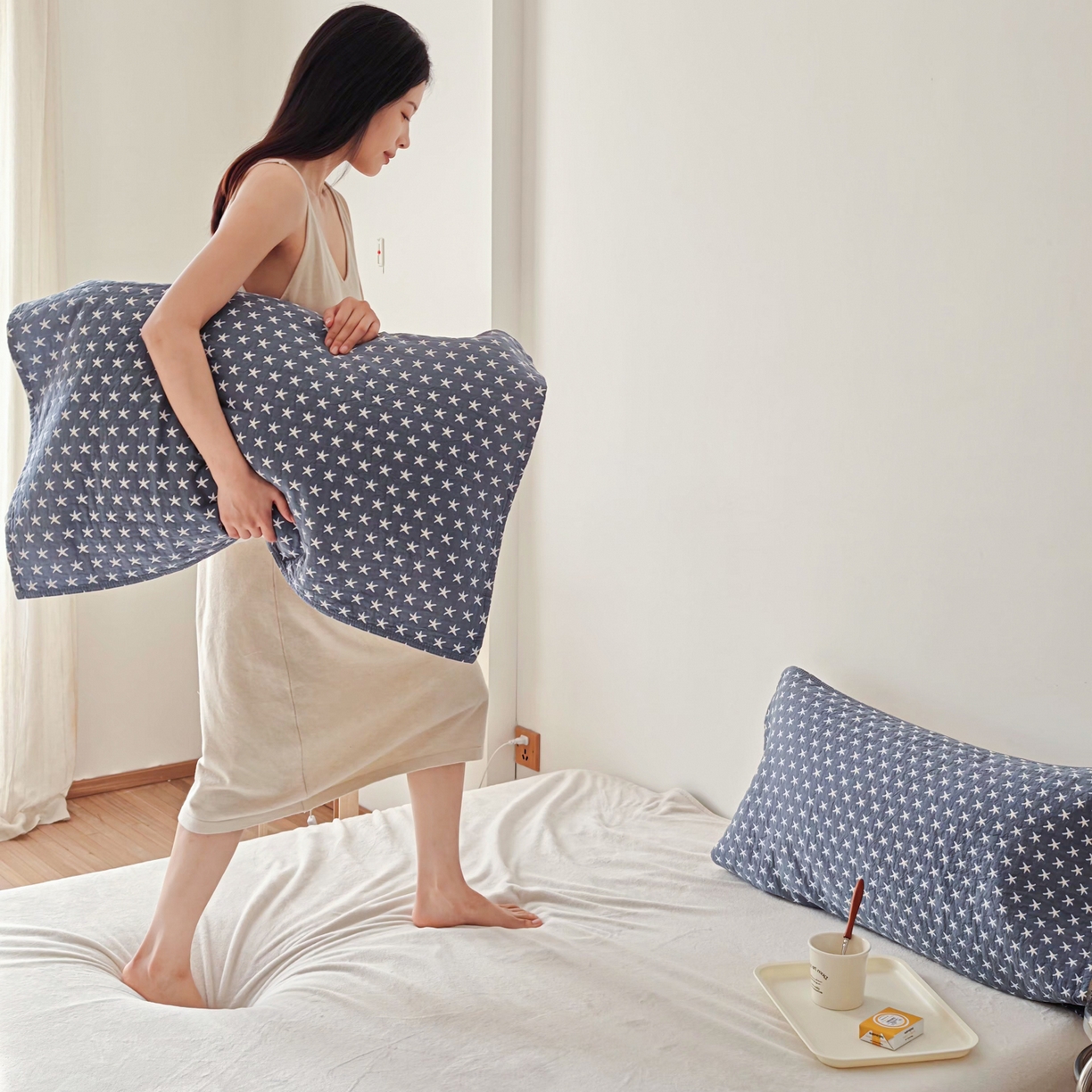 91家纺网 家纺一手货源 找家纺 沐瑟家纺 2026新款卡通小清新枕巾 星星 蓝色