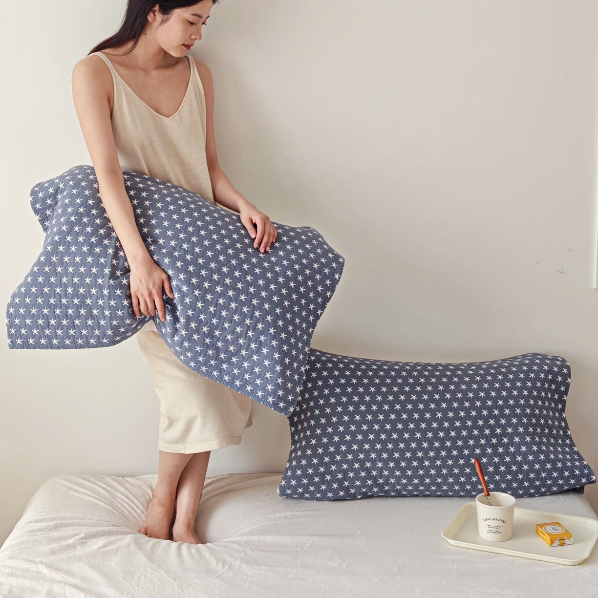 91家纺网 家纺一手货源 找家纺 沐瑟家纺 2026新款卡通小清新枕巾 星星 蓝色