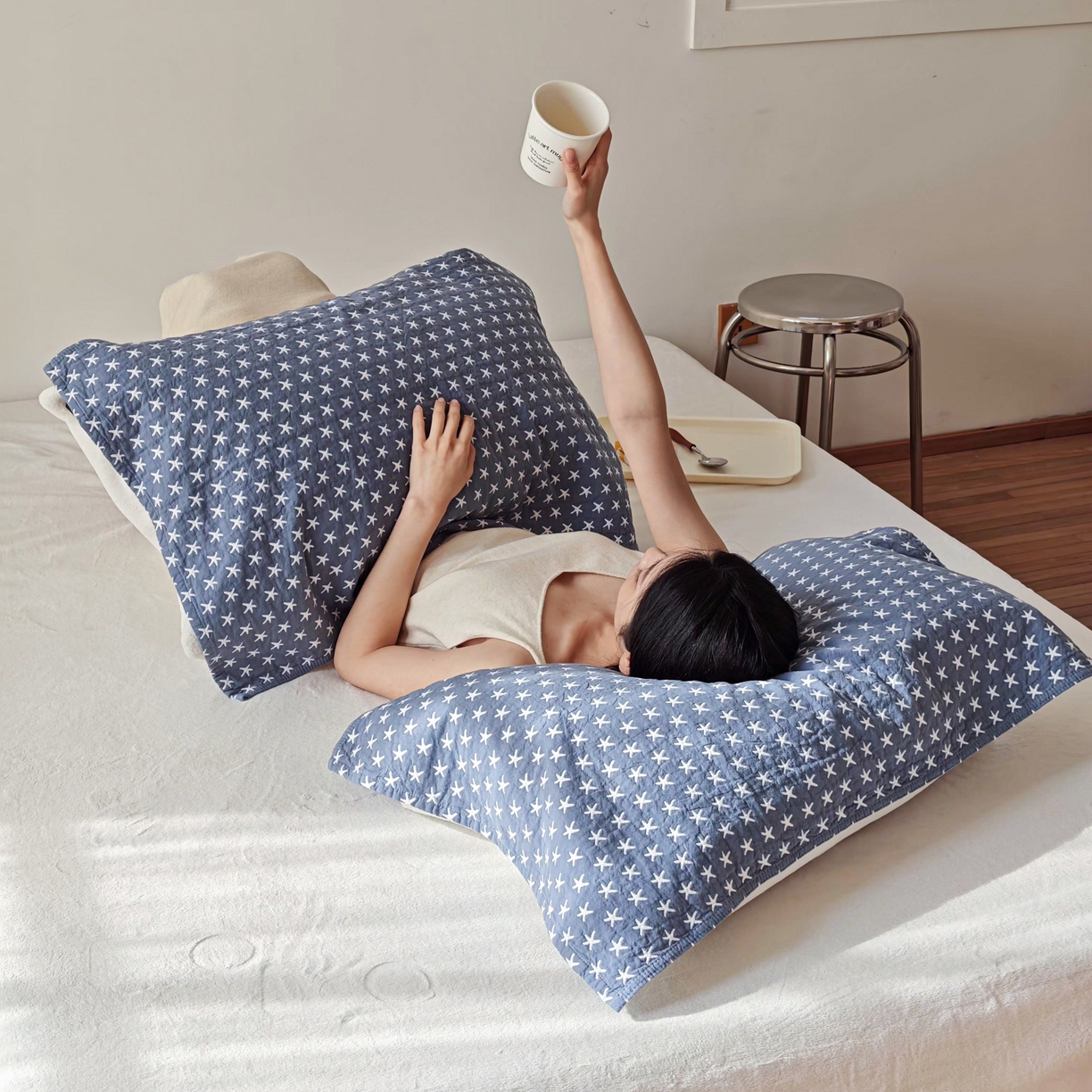 91家纺网 家纺一手货源 找家纺 沐瑟家纺 2026新款卡通小清新枕巾 星星 蓝色