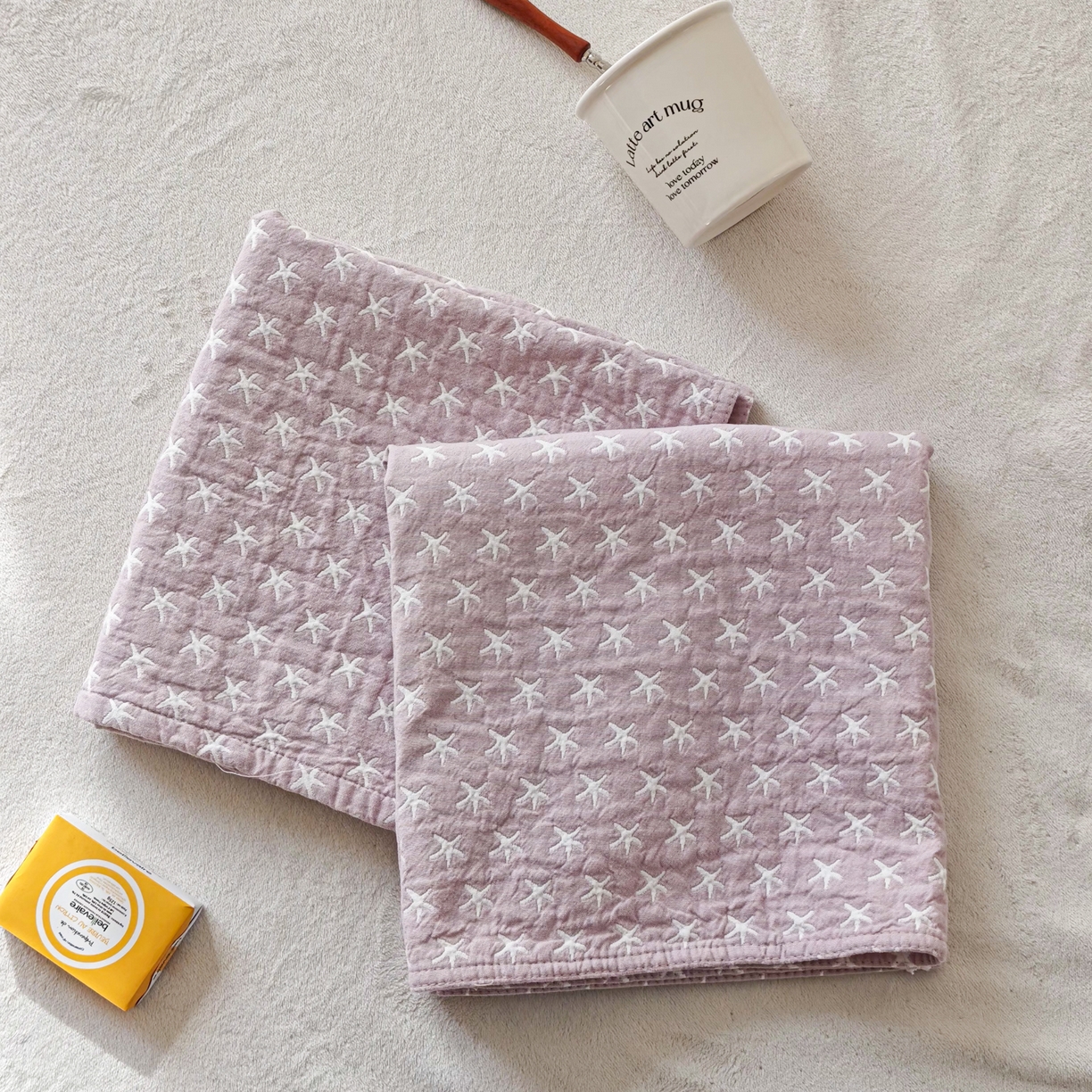 91家纺网 家纺一手货源 找家纺 沐瑟家纺 2026新款卡通小清新枕巾 星星 紫色