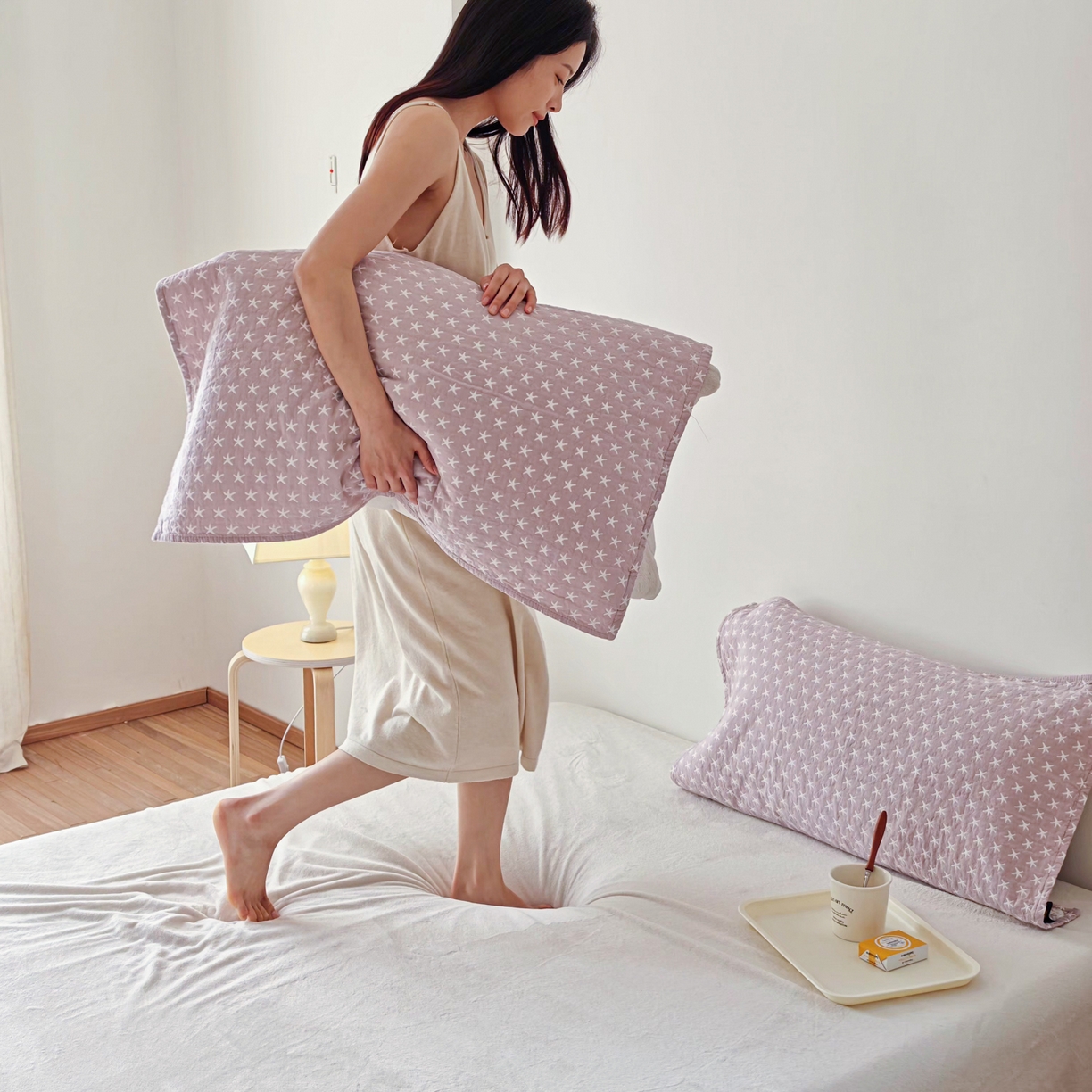 91家纺网 家纺一手货源 找家纺 沐瑟家纺 2026新款卡通小清新枕巾 星星 紫色