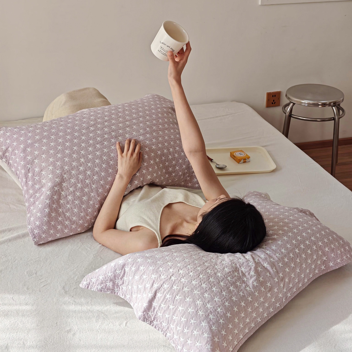 91家纺网 家纺一手货源 找家纺 沐瑟家纺 2026新款卡通小清新枕巾 星星 紫色