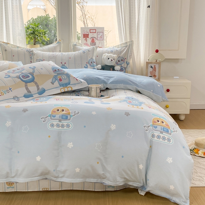 91家纺网 家纺一手货源 找家纺 凌鼎 2026新款多规格掉边全棉印花四件套 萌趣机甲