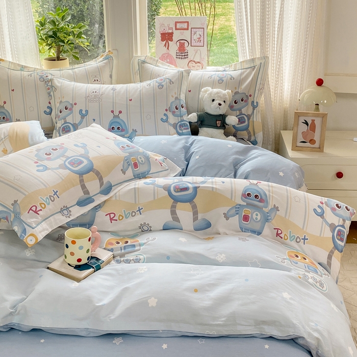 91家纺网 家纺一手货源 找家纺 凌鼎 2026新款多规格掉边全棉印花四件套 萌趣机甲