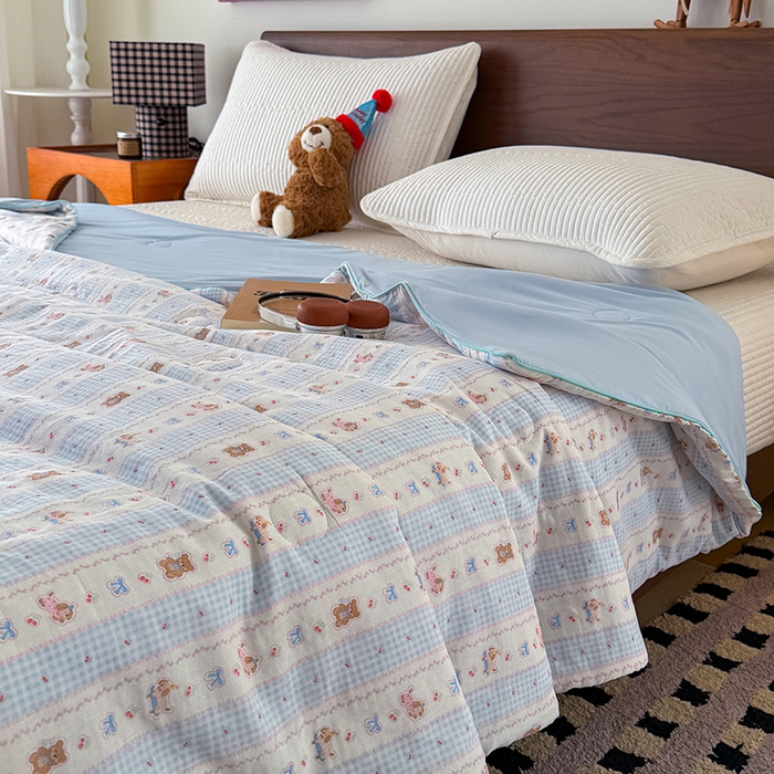 91家纺网 家纺一手货源 找家纺 HL原创 2026新款全棉双层纱小冰皮冰纱双感夏被夏凉被空调被 条纹萌熊