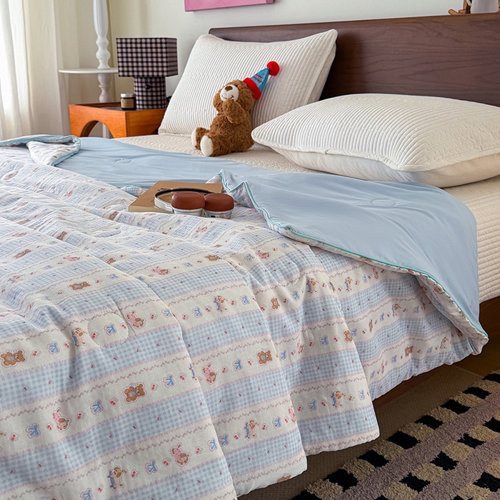 91家纺网 家纺一手货源 找家纺 HL原创 2026新款全棉双层纱小冰皮冰纱双感夏被夏凉被空调被 条纹萌熊