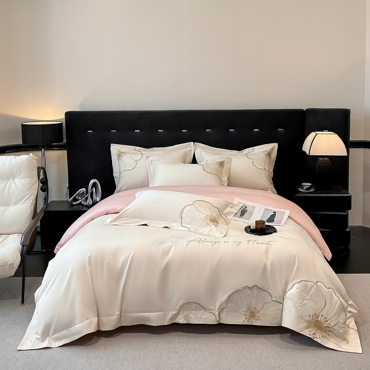 置顶家纺 2026新款亲肤加厚磨毛刺绣四件套-花颜叶语 花颜叶语-白+粉