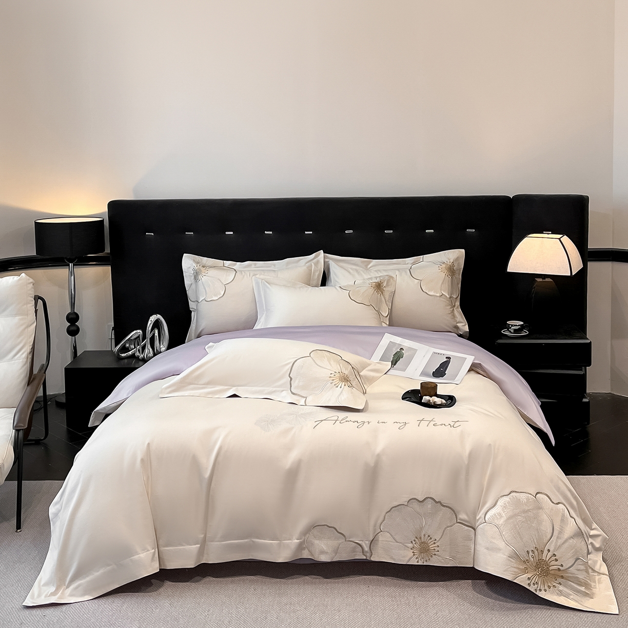 置顶家纺 2026新款亲肤加厚磨毛刺绣四件套-花颜叶语 花颜叶语-白+香芋紫