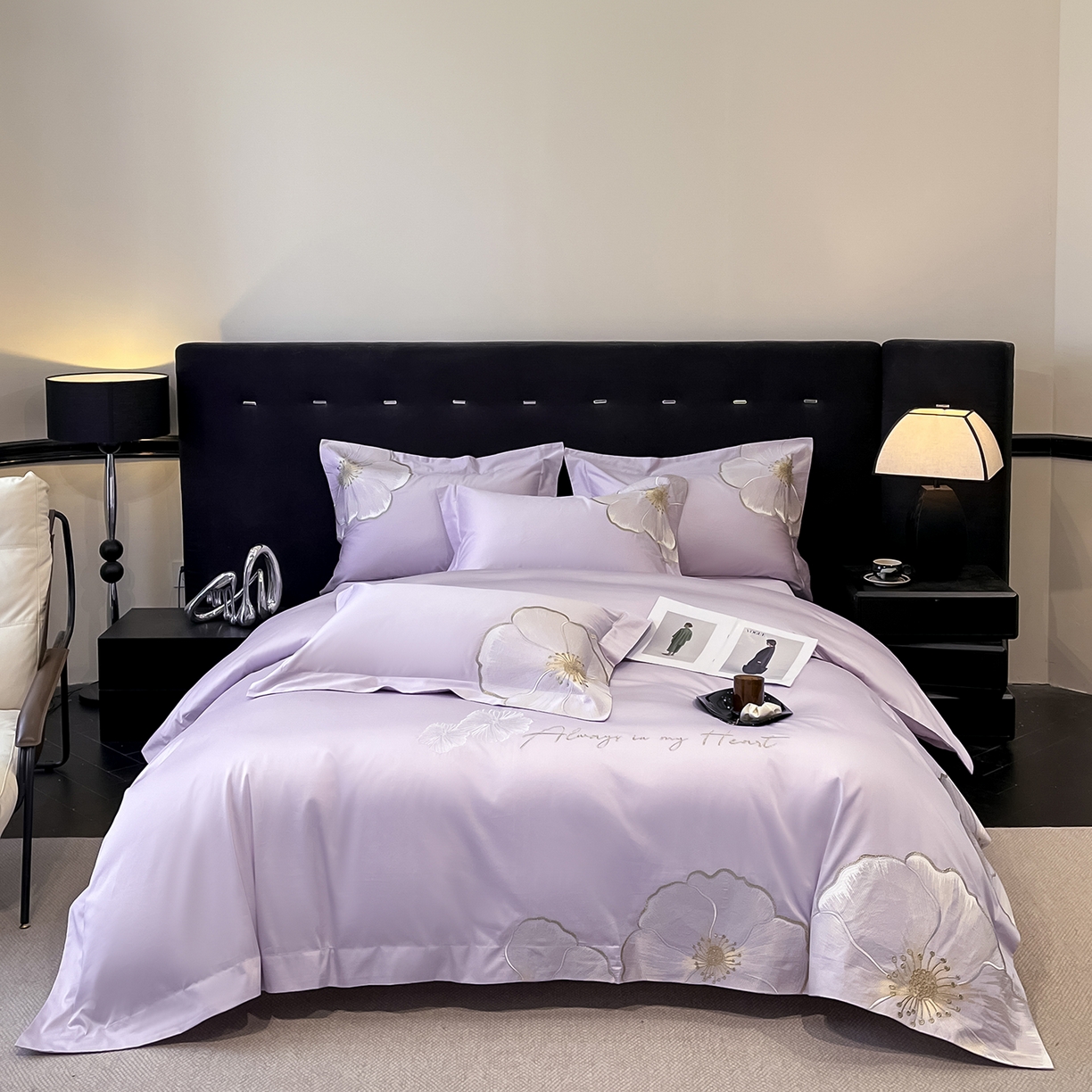 置顶家纺 2026新款亲肤加厚磨毛刺绣四件套-花颜叶语 花颜叶语-香芋紫