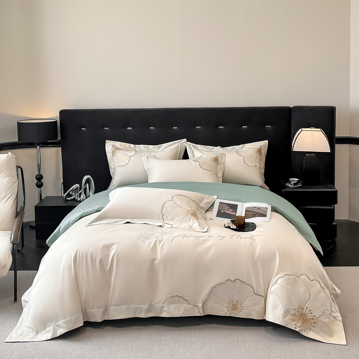 置顶家纺 2026新款亲肤加厚磨毛刺绣四件套-花颜叶语 花颜叶语-白+繁星蓝