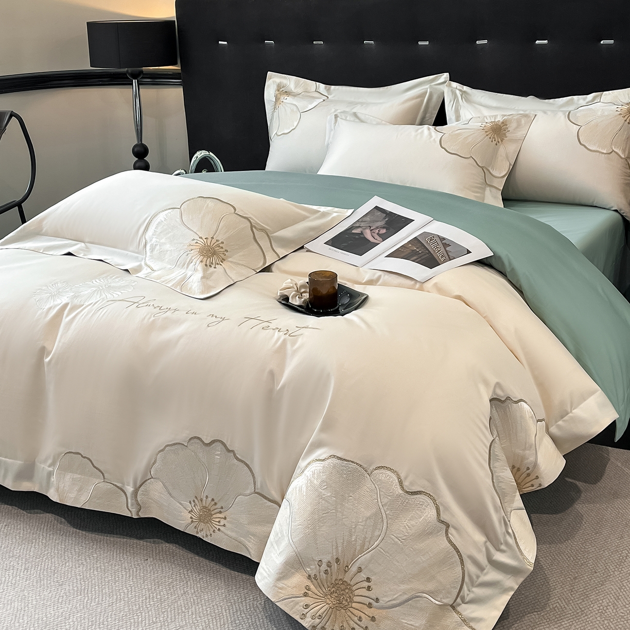 91家纺网 家纺一手货源 找家纺 置顶家纺 2026新款亲肤加厚磨毛刺绣四件套-花颜叶语 花颜叶语-白+繁星蓝