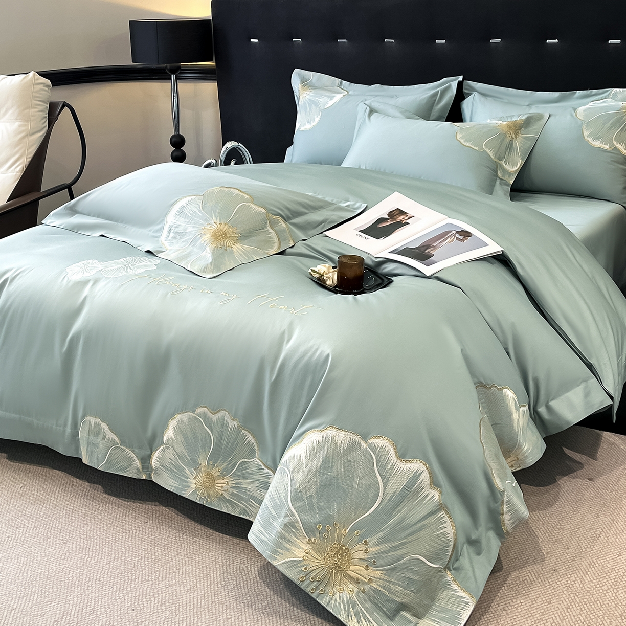 91家纺网 家纺一手货源 找家纺 置顶家纺 2026新款亲肤加厚磨毛刺绣四件套-花颜叶语 花颜叶语-繁星蓝