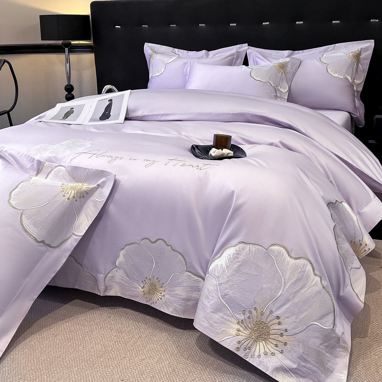 91家纺网 家纺一手货源 找家纺 置顶家纺 2026新款亲肤加厚磨毛刺绣四件套-花颜叶语 花颜叶语-香芋紫