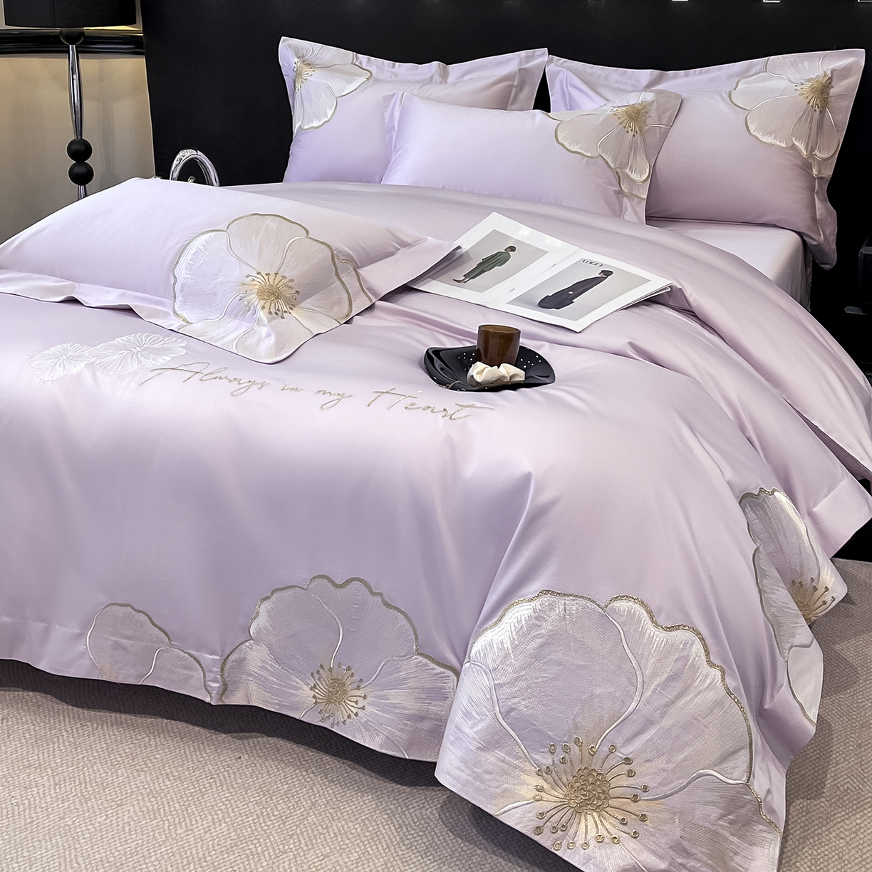 91家纺网 家纺一手货源 找家纺 置顶家纺 2026新款亲肤加厚磨毛刺绣四件套-花颜叶语 花颜叶语-香芋紫