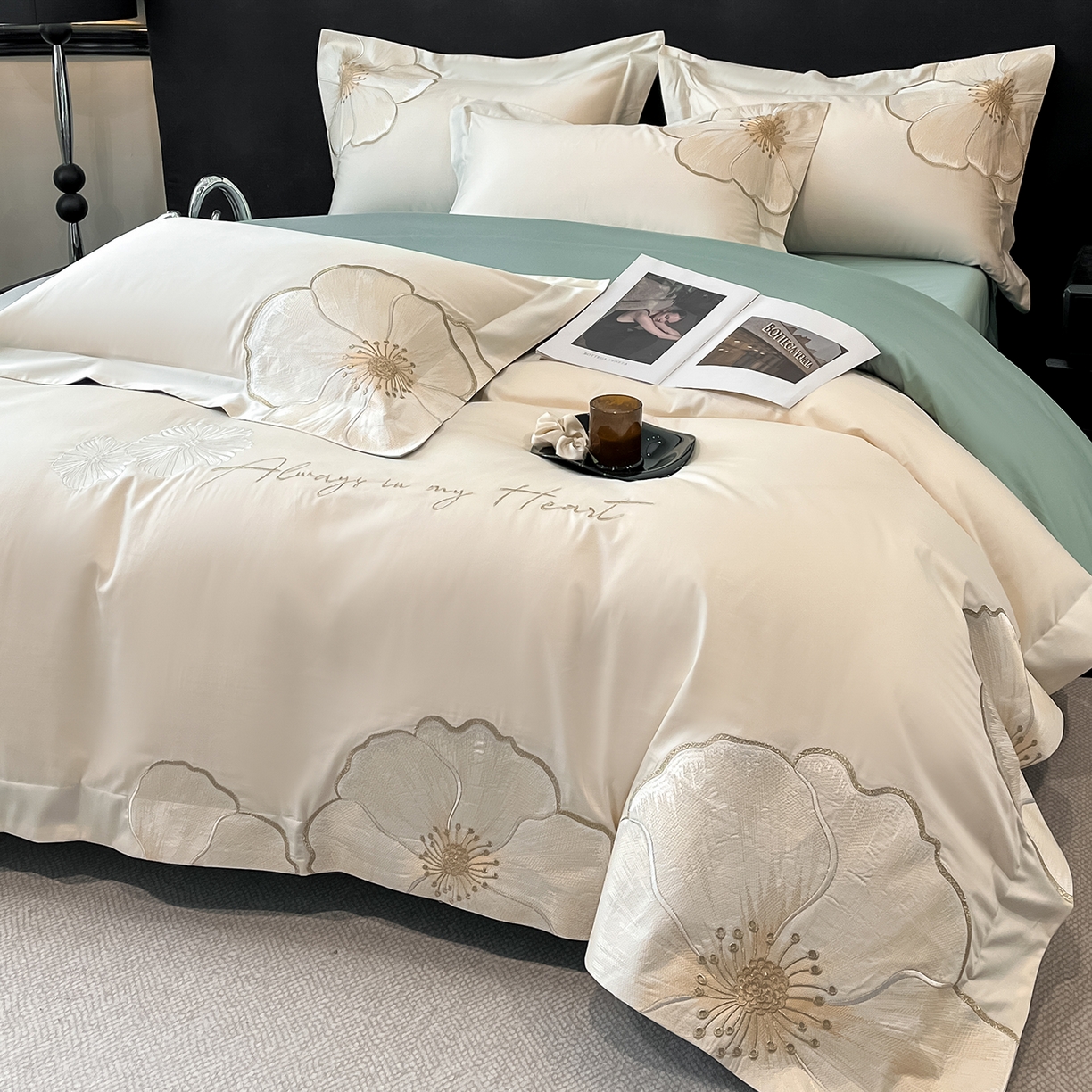 91家纺网 家纺一手货源 找家纺 置顶家纺 2026新款亲肤加厚磨毛刺绣四件套-花颜叶语 花颜叶语-白+繁星蓝