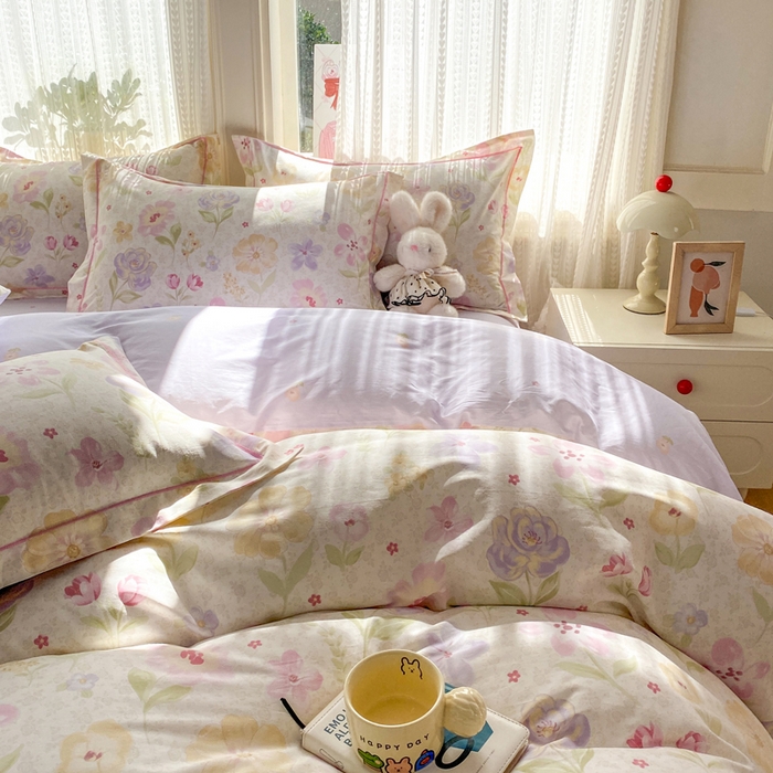 91家纺网 家纺一手货源 找家纺 凌鼎 2026新款多规格掉边全棉印花四件套 甜心花朵