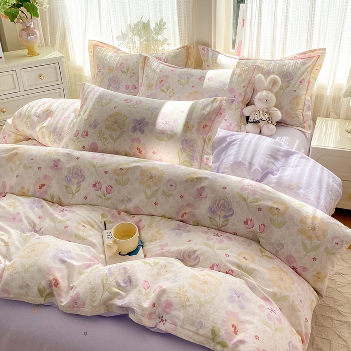 91家纺网 家纺一手货源 找家纺 凌鼎 2026新款多规格掉边全棉印花四件套 甜心花朵