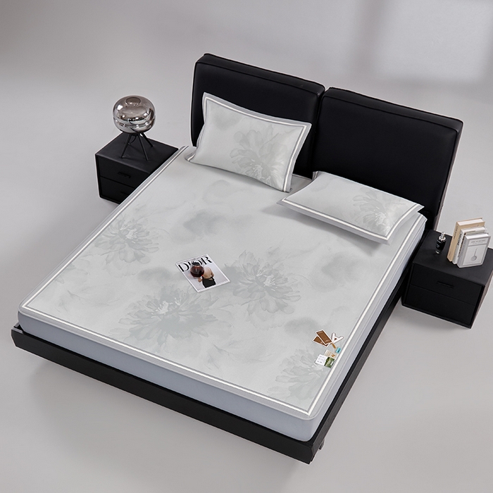 91家纺网 家纺一手货源 找家纺 小牛席业 2026新款牡丹琉璃冷感冰丝席（床笠款）凉席藤席冰藤席冰丝席竹席乳胶席凉豆豆席 灰绿