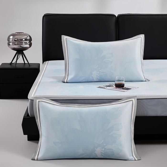 91家纺网 家纺一手货源 找家纺 小牛席业 2026新款牡丹琉璃冷感冰丝席（床笠款）凉席藤席冰藤席冰丝席竹席乳胶席凉豆豆席 浅蓝