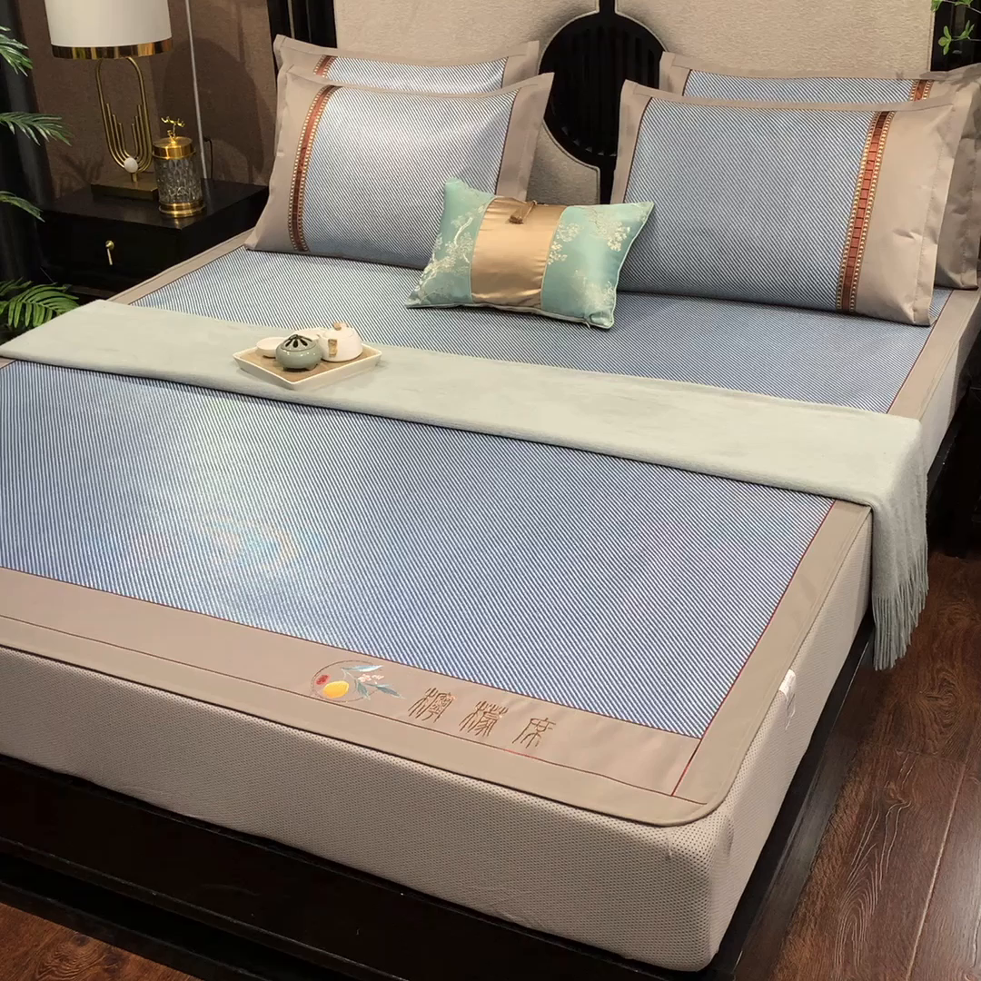 91家纺网 家纺一手货源 找家纺 小牛席业 2026新款柠檬清香冰藤席（床笠款）凉席藤席冰藤席冰丝席竹席乳胶席豆豆席 柠檬清香席-床笠款-海蓝