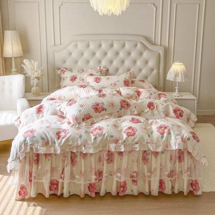 91家纺网 家纺一手货源 找家纺 （总）恋尚 2026新款全棉纯棉蕾丝印花床笠裙四件套,芙微,花蝶语,花牺,蔓朵,浅栀,夏瑶,向朵,寻芳朵朵,荨花