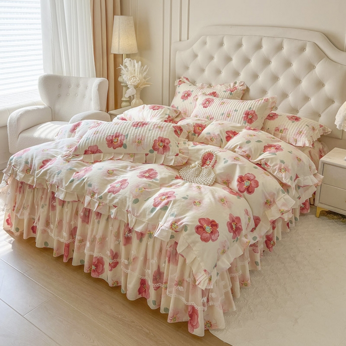 91家纺网 家纺一手货源 找家纺 （总）恋尚 2026新款全棉纯棉蕾丝印花床笠裙四件套