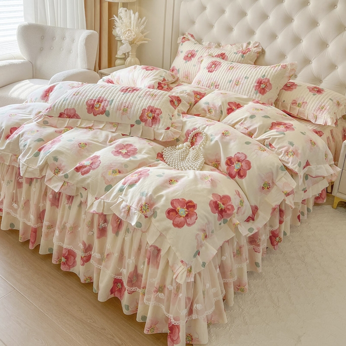 91家纺网 家纺一手货源 找家纺 （总）恋尚 2026新款全棉纯棉蕾丝印花床笠裙四件套