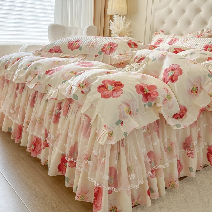 91家纺网 家纺一手货源 找家纺 （总）恋尚 2026新款全棉纯棉蕾丝印花床笠裙四件套