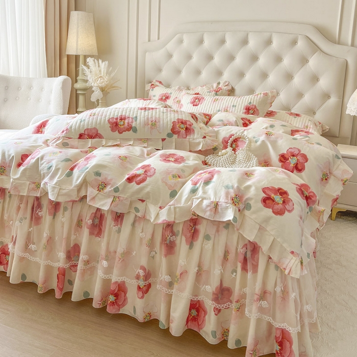 91家纺网 家纺一手货源 找家纺 （总）恋尚 2026新款全棉纯棉蕾丝印花床笠裙四件套