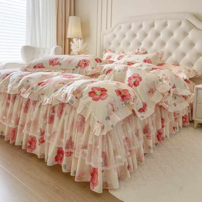 91家纺网 家纺一手货源 找家纺 （总）恋尚 2026新款全棉纯棉蕾丝印花床笠裙四件套