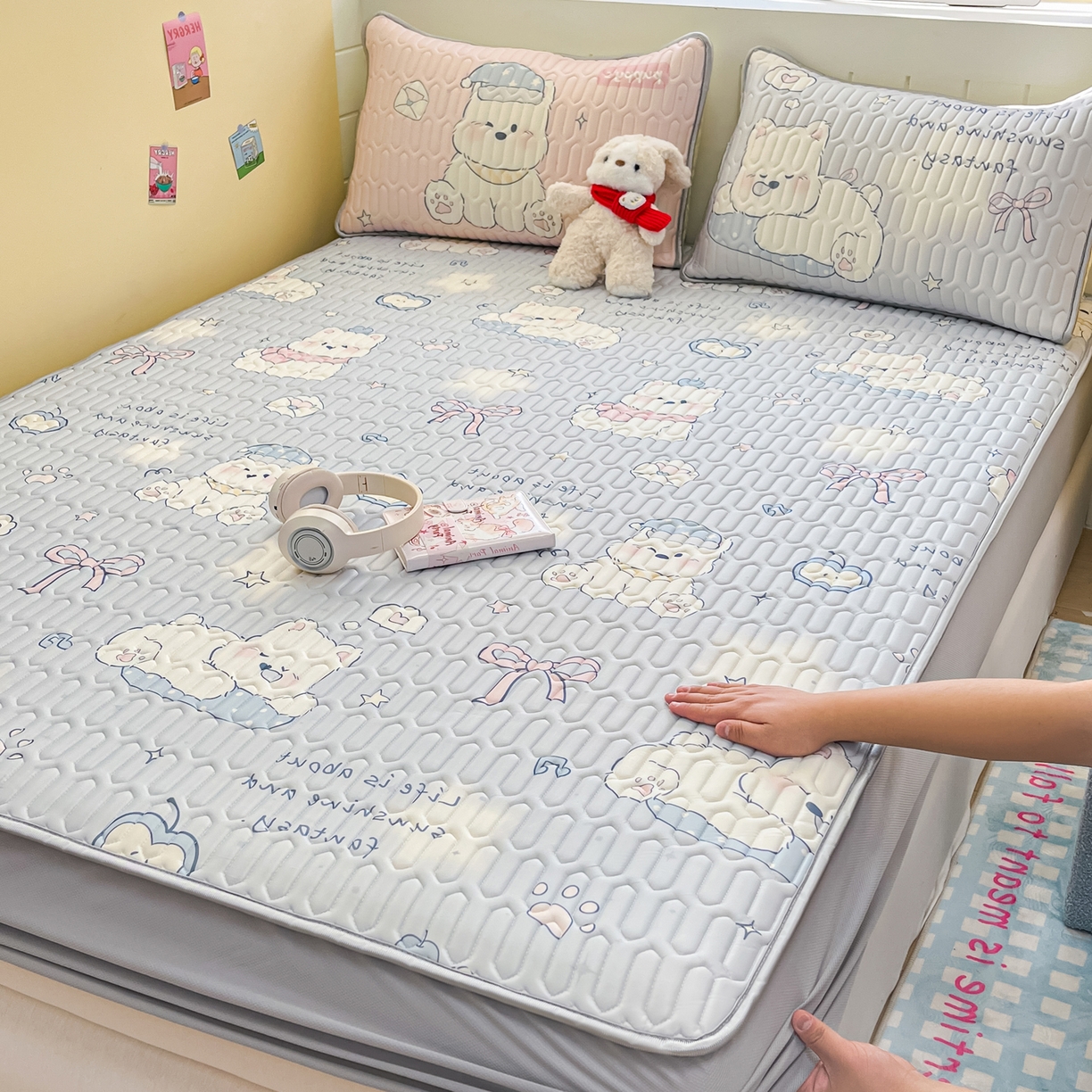 摩妮卡 2026春夏新款凉感丝印花小清新乳胶凉席席子床笠款三件套 晚安狗狗