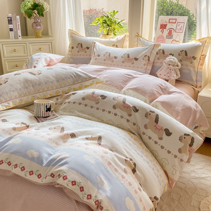 91家纺网 家纺一手货源 找家纺 凌鼎 2026新款多规格掉边全棉印花四件套 英伦小马