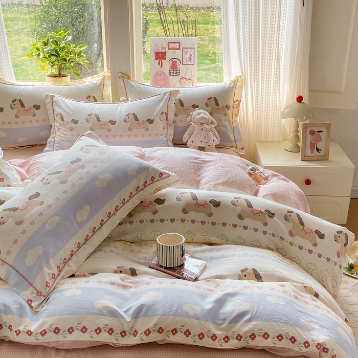 91家纺网 家纺一手货源 找家纺 凌鼎 2026新款多规格掉边全棉印花四件套 英伦小马