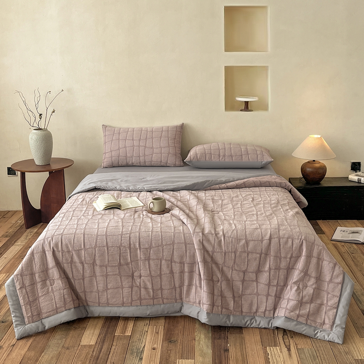 91家纺网 家纺一手货源 找家纺 绒城 2026新款全棉纯棉大提花新疆棉花夏被夏凉被空调被四件套-石纹 石纹-豆沙