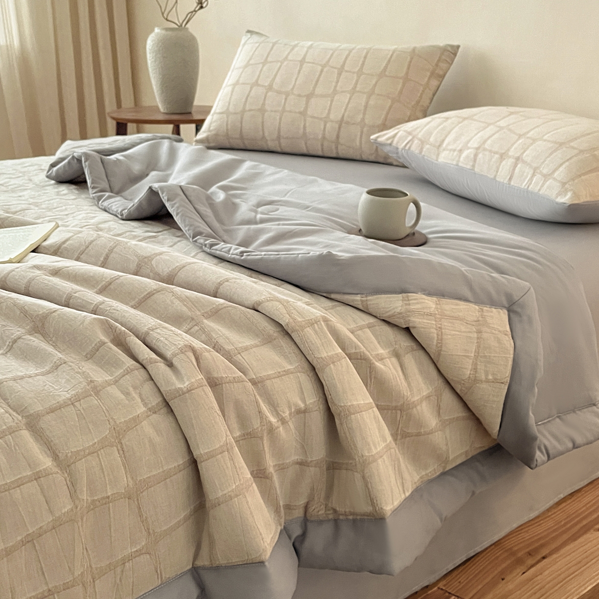 91家纺网 家纺一手货源 找家纺 绒城 2026新款全棉纯棉大提花新疆棉花夏被夏凉被空调被四件套-石纹 石纹-卡其