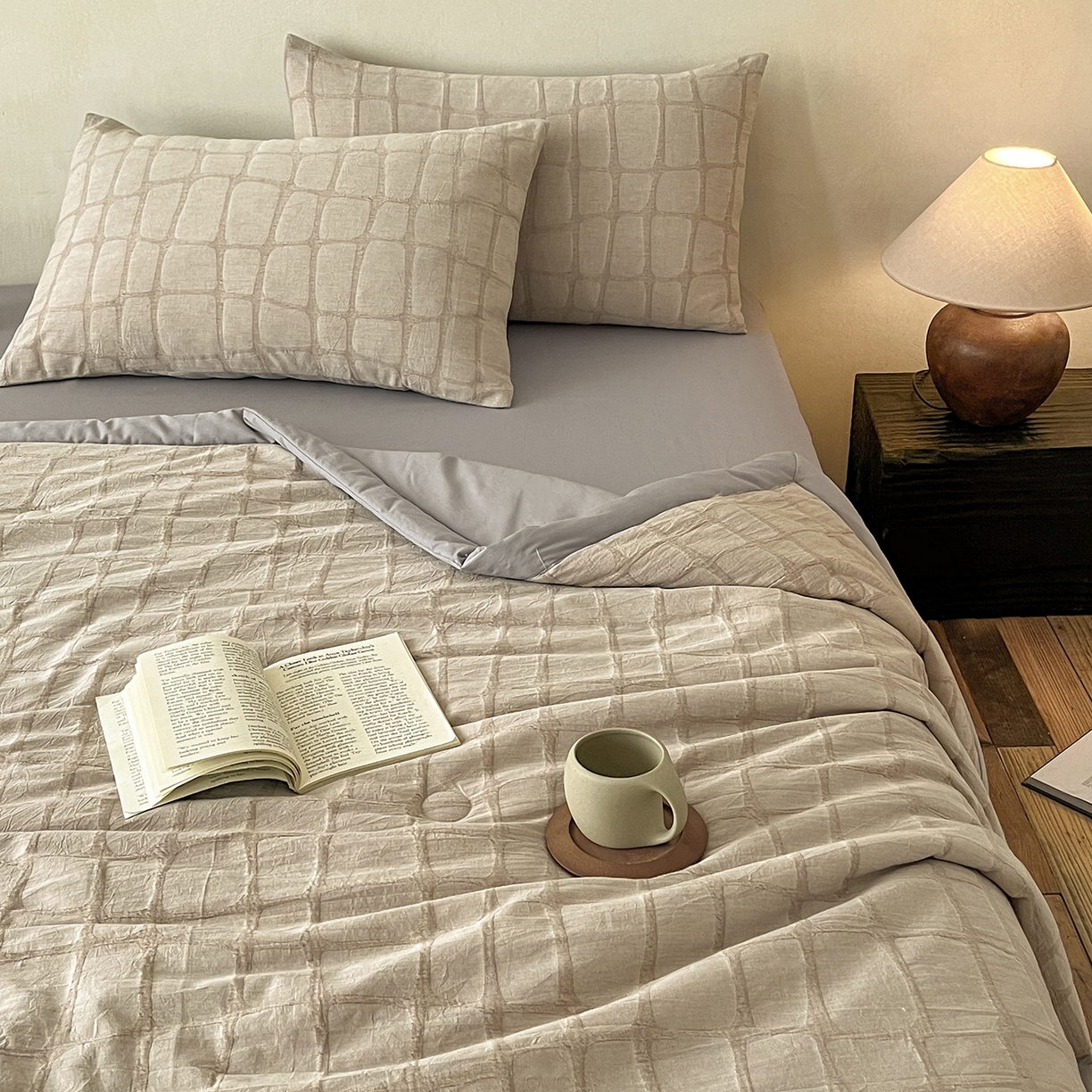 91家纺网 家纺一手货源 找家纺 绒城 2026新款全棉纯棉大提花新疆棉花夏被夏凉被空调被四件套-石纹 石纹-卡其