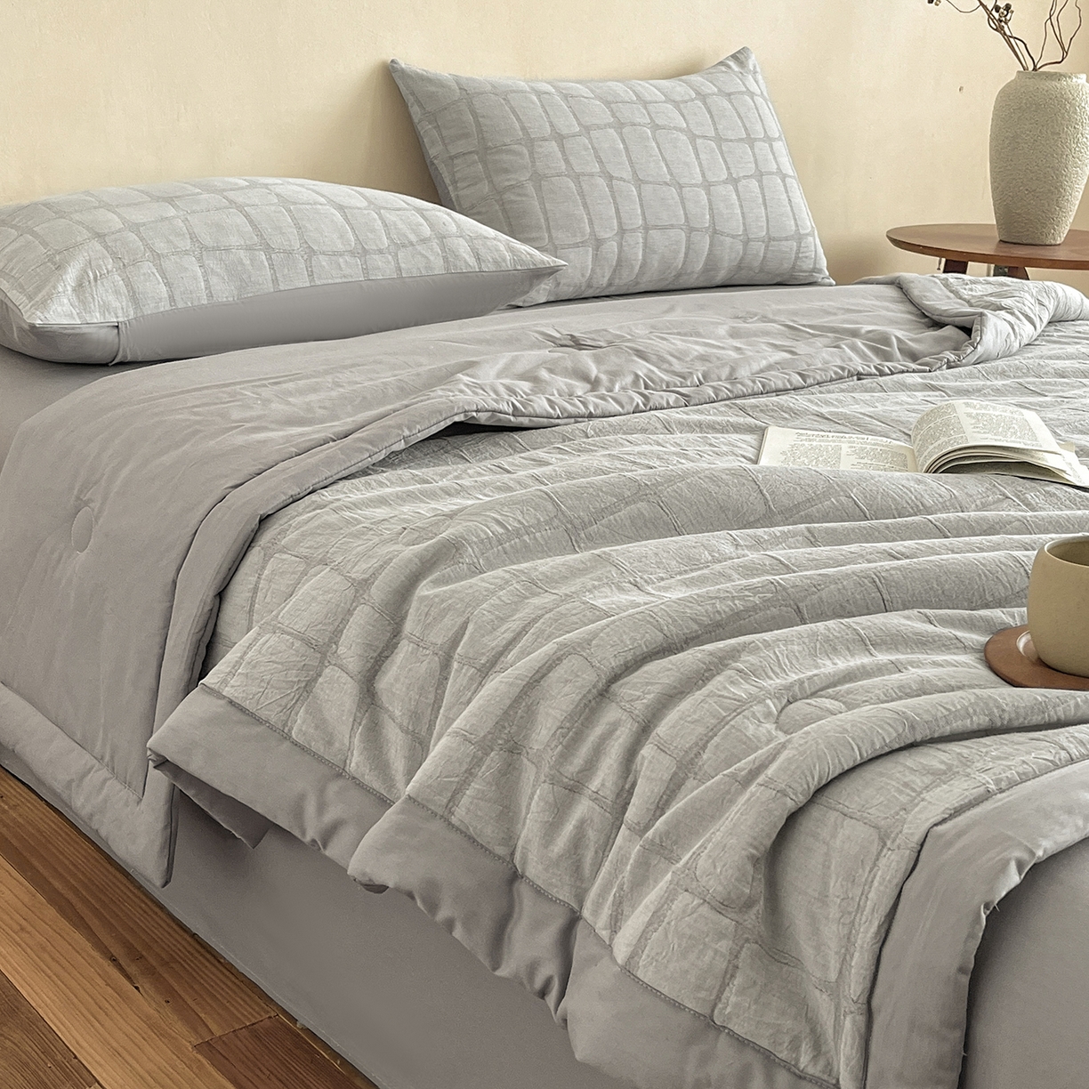 91家纺网 家纺一手货源 找家纺 绒城 2026新款全棉纯棉大提花新疆棉花夏被夏凉被空调被四件套-石纹 石纹-浅灰