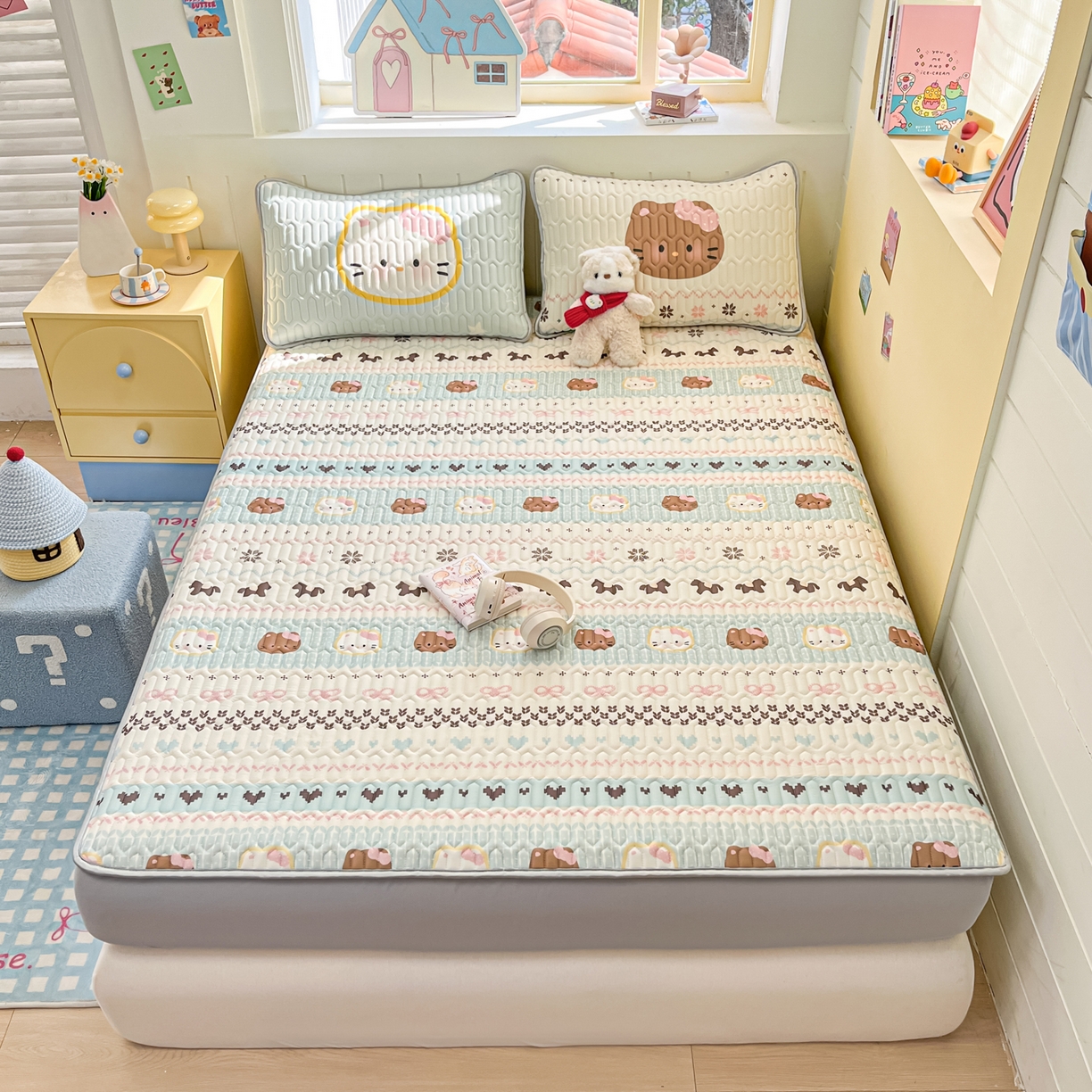 91家纺网 家纺一手货源 找家纺 摩妮卡 2026春夏新款凉感丝印花小清新乳胶凉席席子床笠款三件套 友谊记忆片