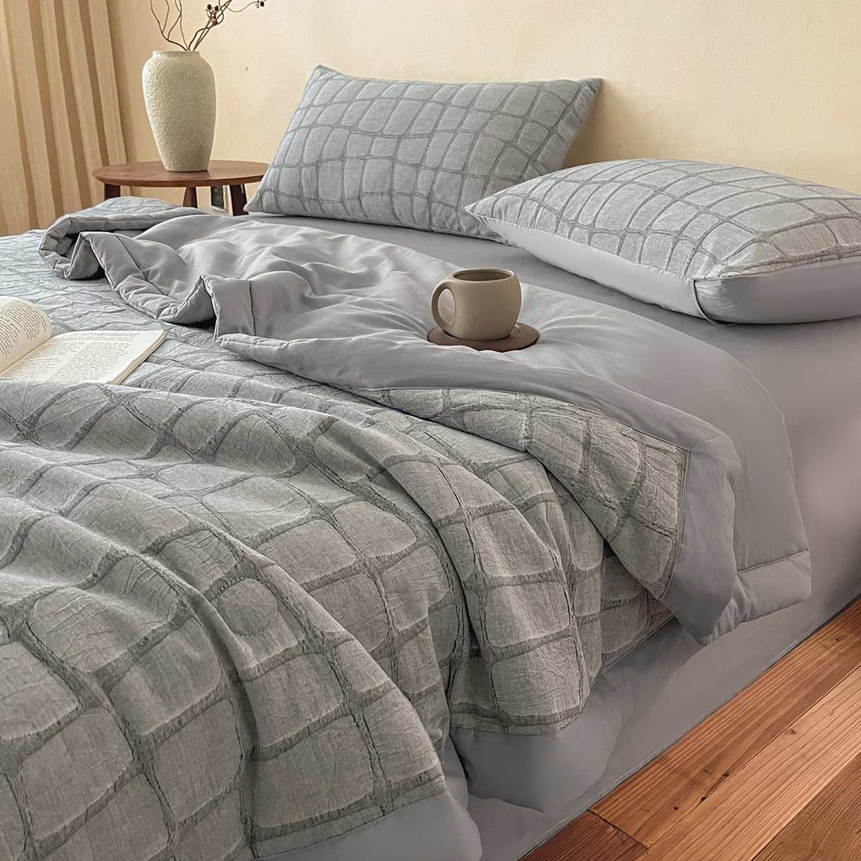 91家纺网 家纺一手货源 找家纺 绒城 2026新款全棉纯棉大提花新疆棉花夏被夏凉被空调被四件套-石纹 石纹-深灰