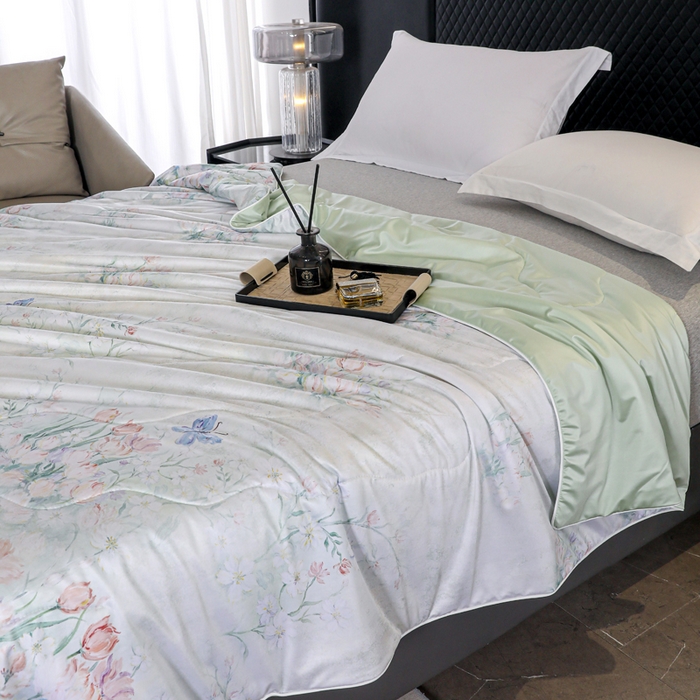 91家纺网 家纺一手货源 找家纺 天之悦家纺 2026新款夏被油光丝数码印花锦氨凉感被夏凉被空调被 晨露郁金