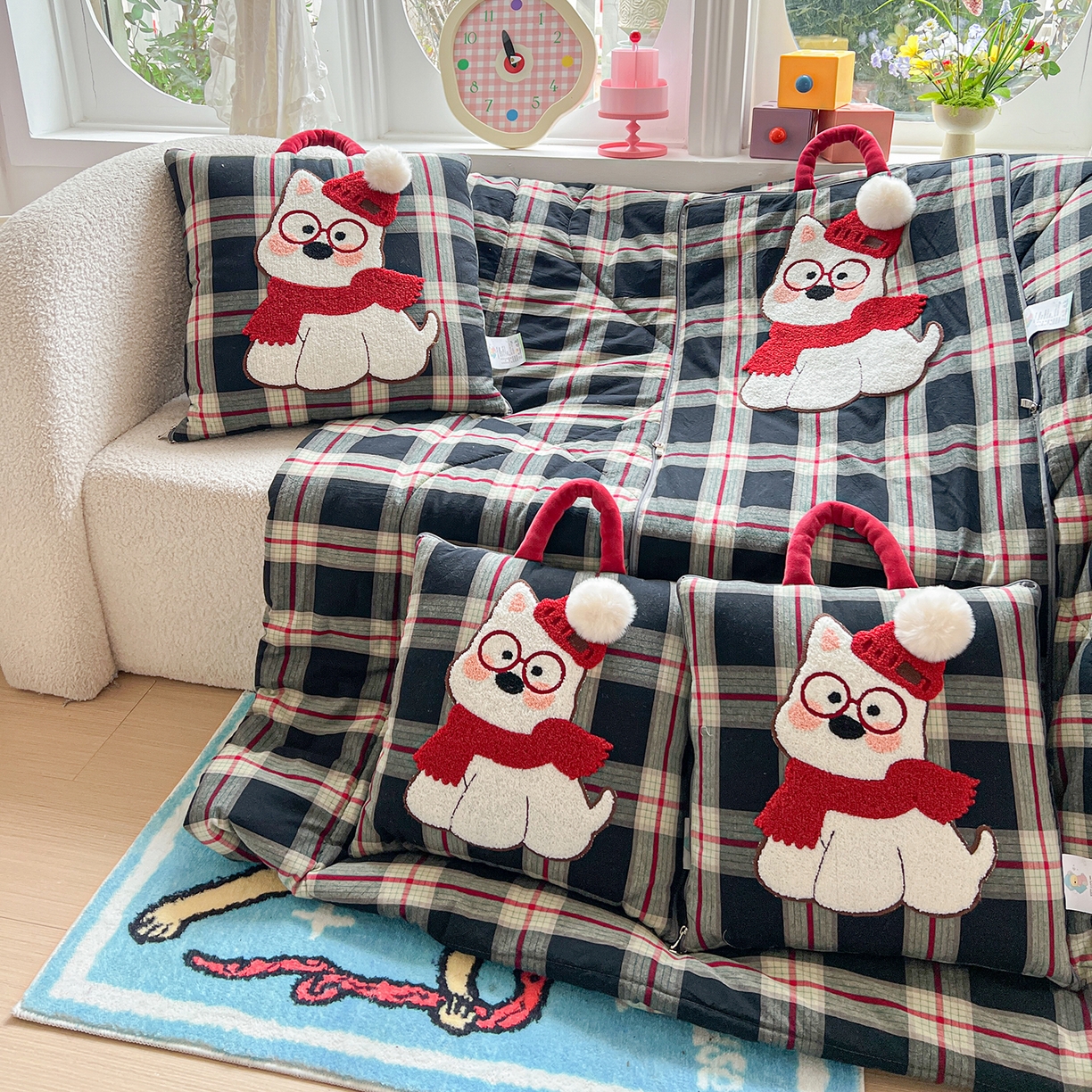 91家纺网 家纺一手货源 找家纺 古本家居 2026春夏新款全棉美拉德西高地系列抱枕被 全棉美拉德围巾西高地黑格