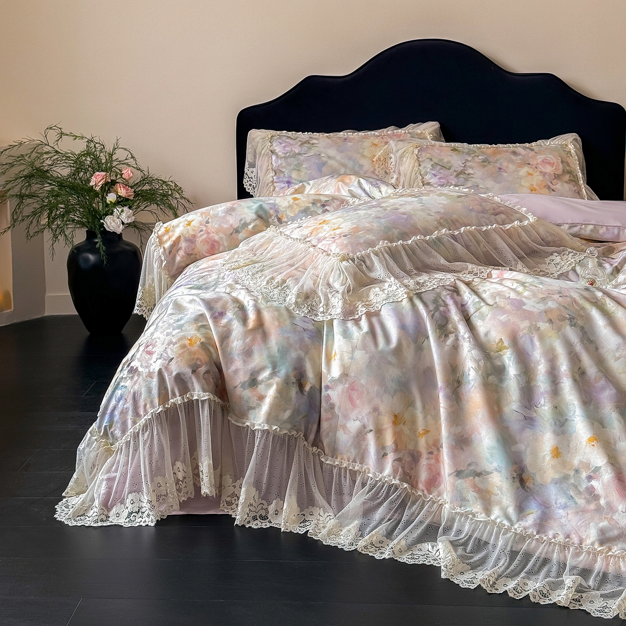 91家纺网 家纺一手货源 找家纺 （总）惯盈家纺 2026新款数码印花法式蕾丝床裙款全棉四件套-初夏（含买家秀）