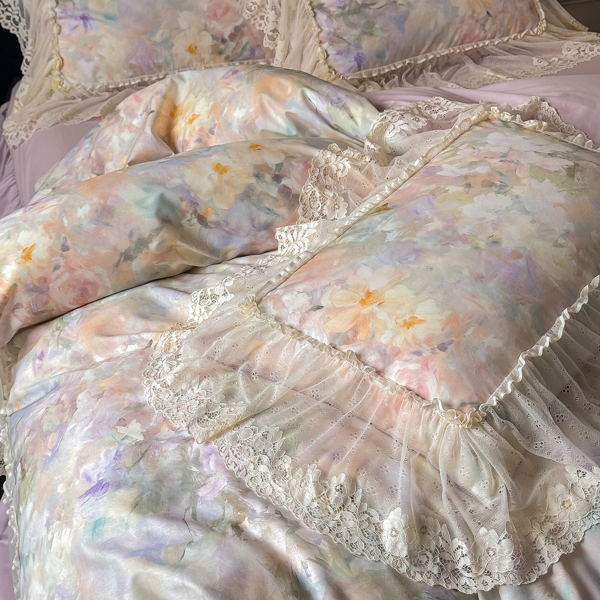 91家纺网 家纺一手货源 找家纺 （总）惯盈家纺 2026新款数码印花法式蕾丝床裙款全棉四件套-初夏（含买家秀）