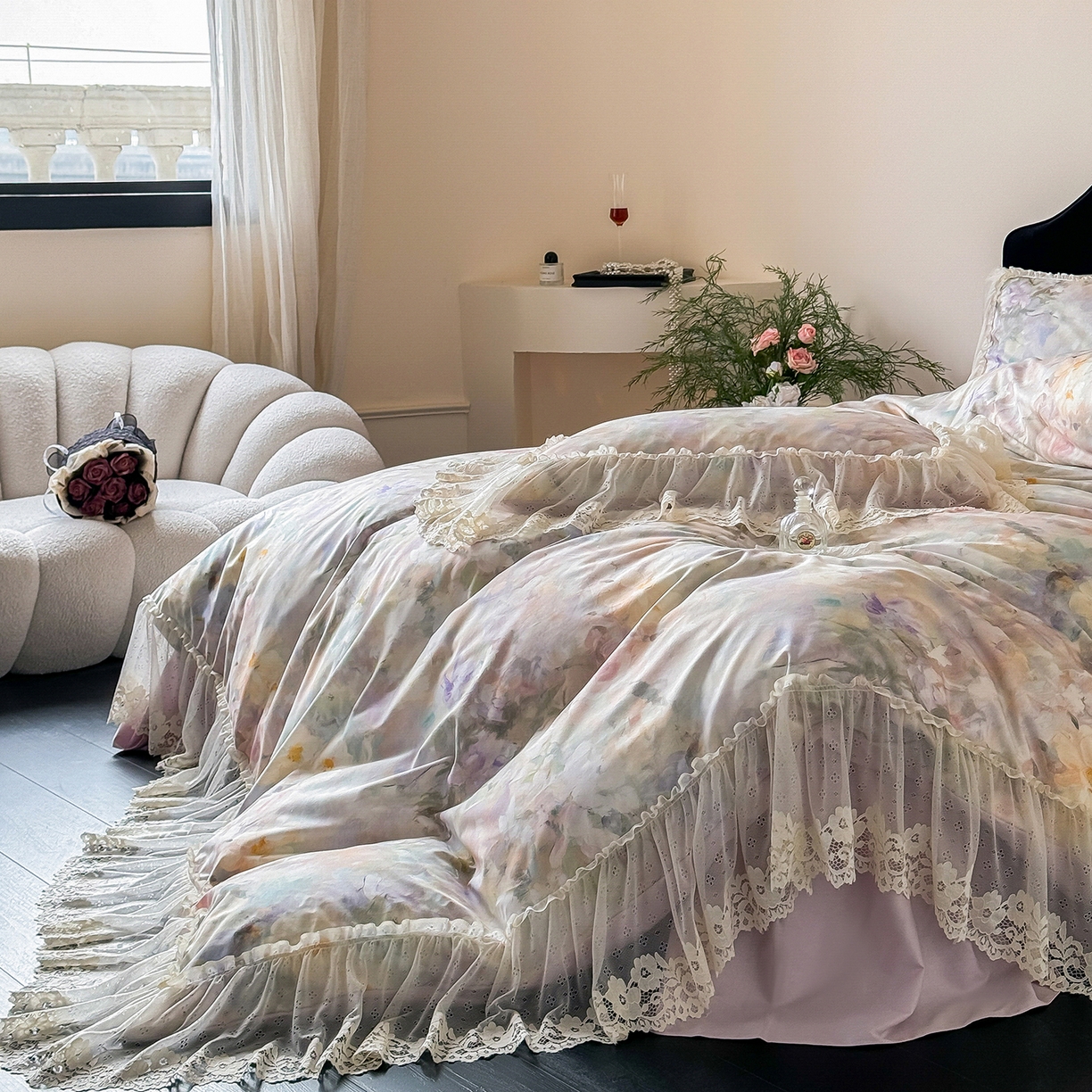 91家纺网 家纺一手货源 找家纺 （总）惯盈家纺 2026新款数码印花法式蕾丝床裙款全棉四件套-初夏（含买家秀）