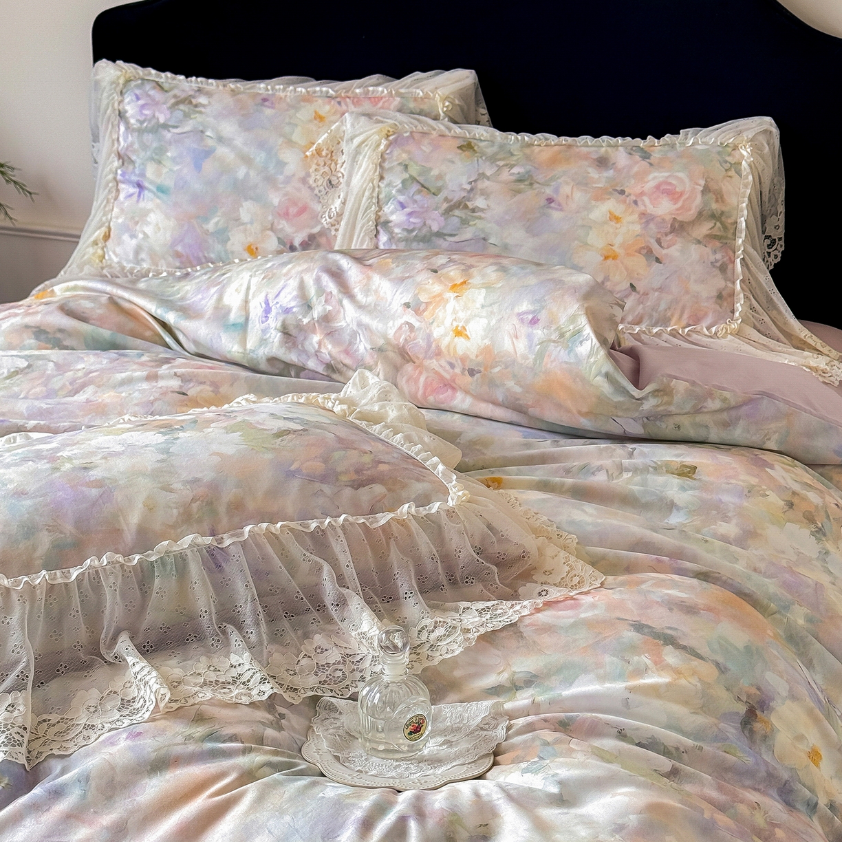 91家纺网 家纺一手货源 找家纺 （总）惯盈家纺 2026新款数码印花法式蕾丝床裙款全棉四件套-初夏（含买家秀）