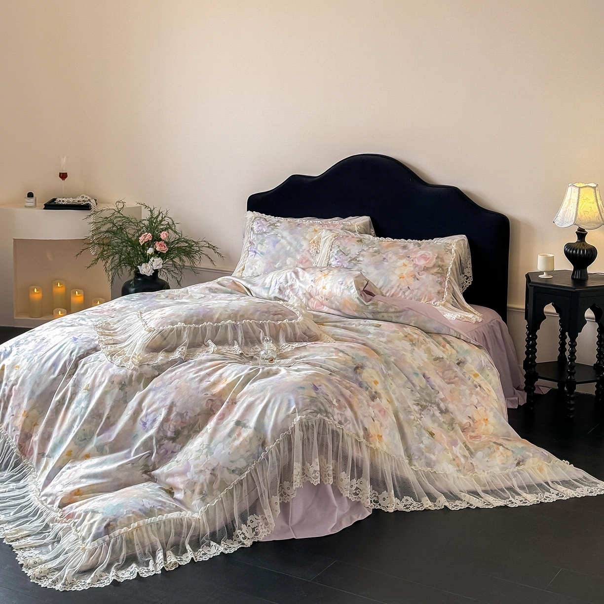 91家纺网 家纺一手货源 找家纺 （总）惯盈家纺 2026新款数码印花法式蕾丝床裙款全棉四件套-初夏（含买家秀）