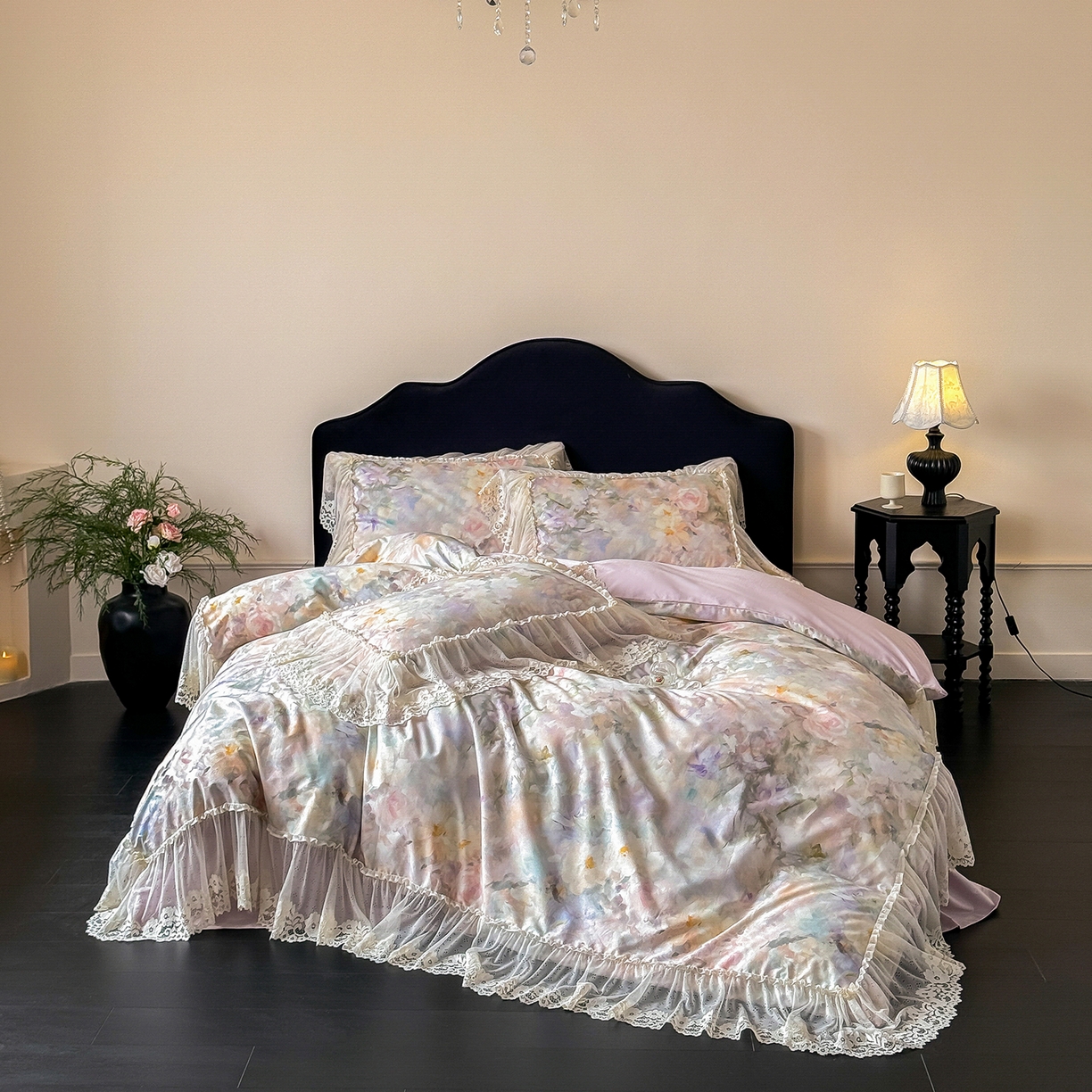 91家纺网 家纺一手货源 找家纺 （总）惯盈家纺 2026新款数码印花法式蕾丝床裙款全棉四件套-初夏（含买家秀）